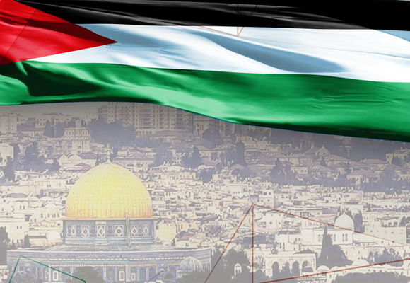 صورة إحدى مدن فلسطين مع علم فلسطين فوقها